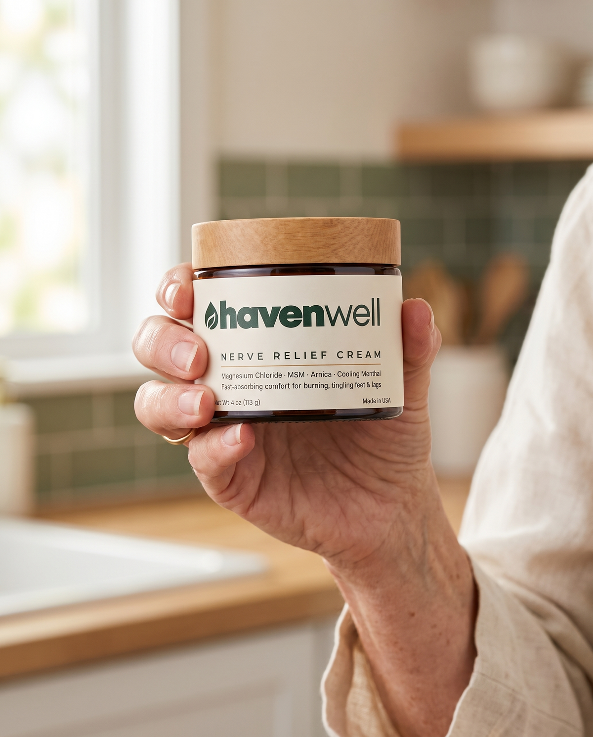 Havenwell Nerve Relief Cream held in hand